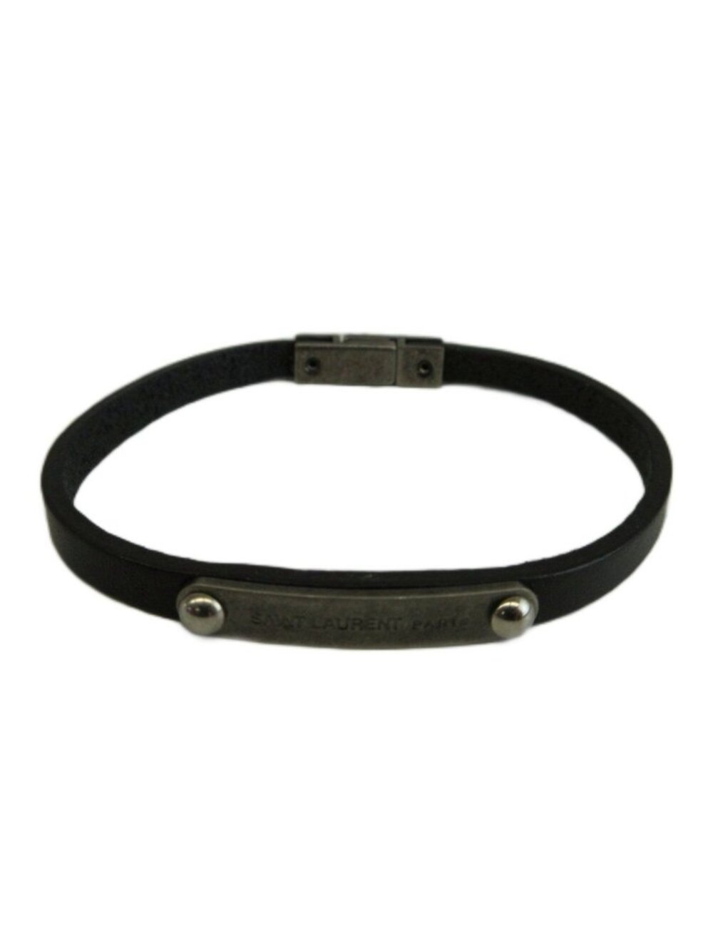 Saint Laurent Paris ID Plate Leather Bracelet Bangle Logo Black
